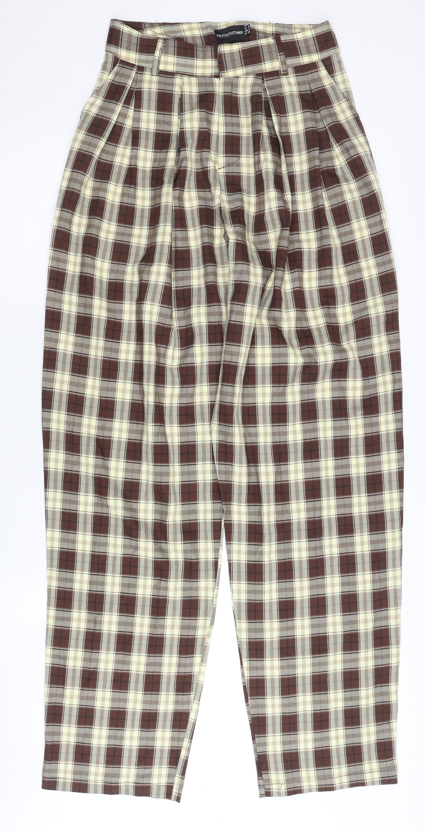 PrettyLittleThing Women’s Brown Plaid High Rise Pleated Chino Trousers Size 6