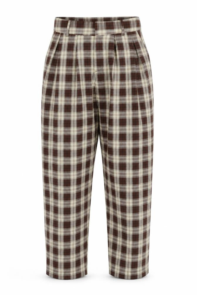 PrettyLittleThing Women’s Brown Plaid High Rise Pleated Chino Trousers Size 6