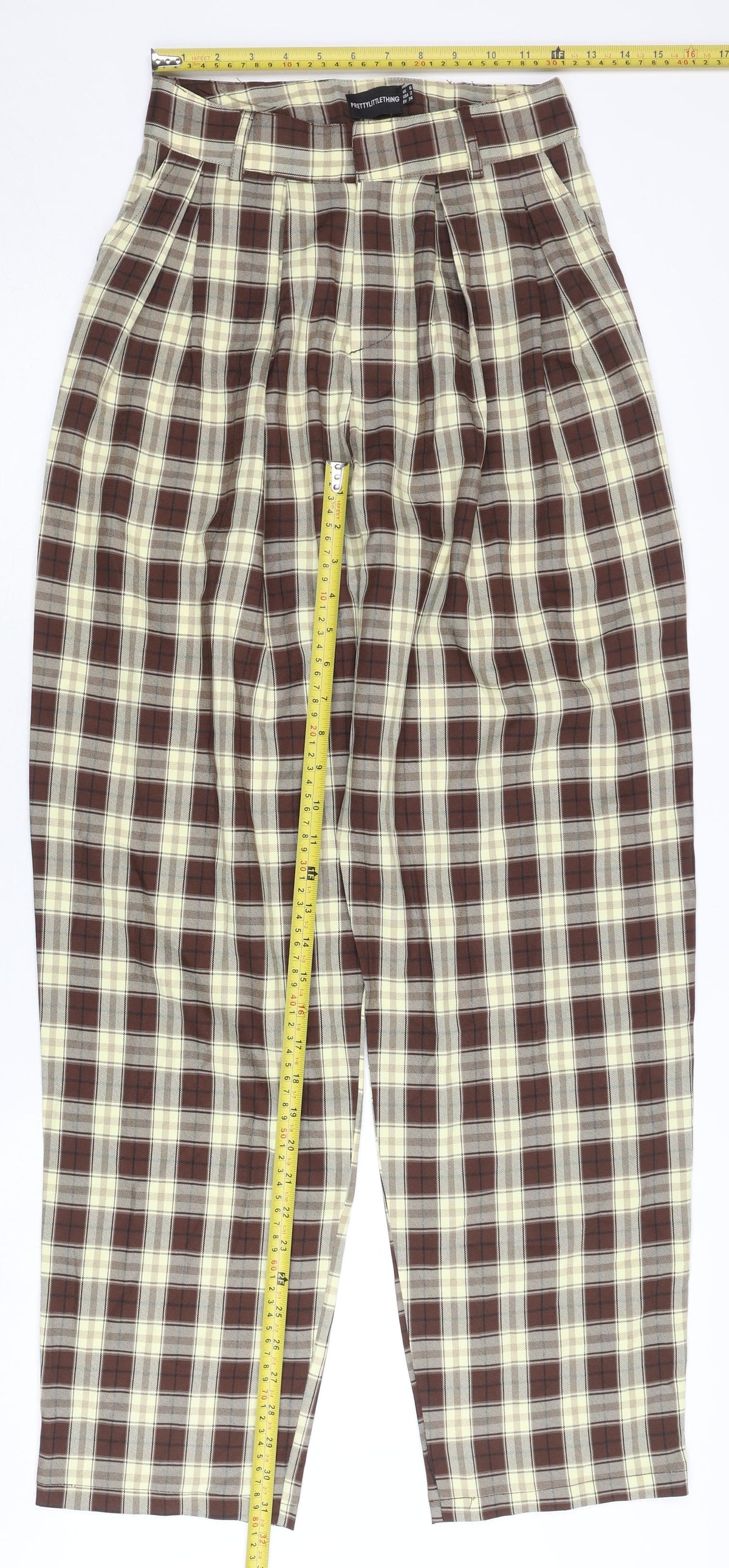 PrettyLittleThing Women’s Brown Plaid High Rise Pleated Chino Trousers Size 6