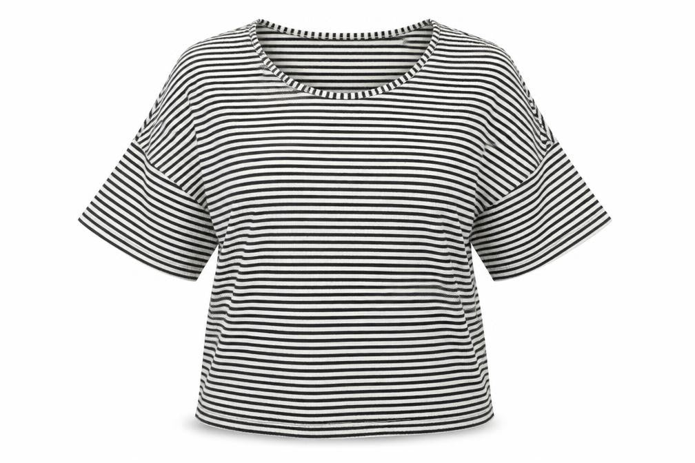 Front view of Cooperative women’s black striped cold shoulder jersey t-shirt, size S