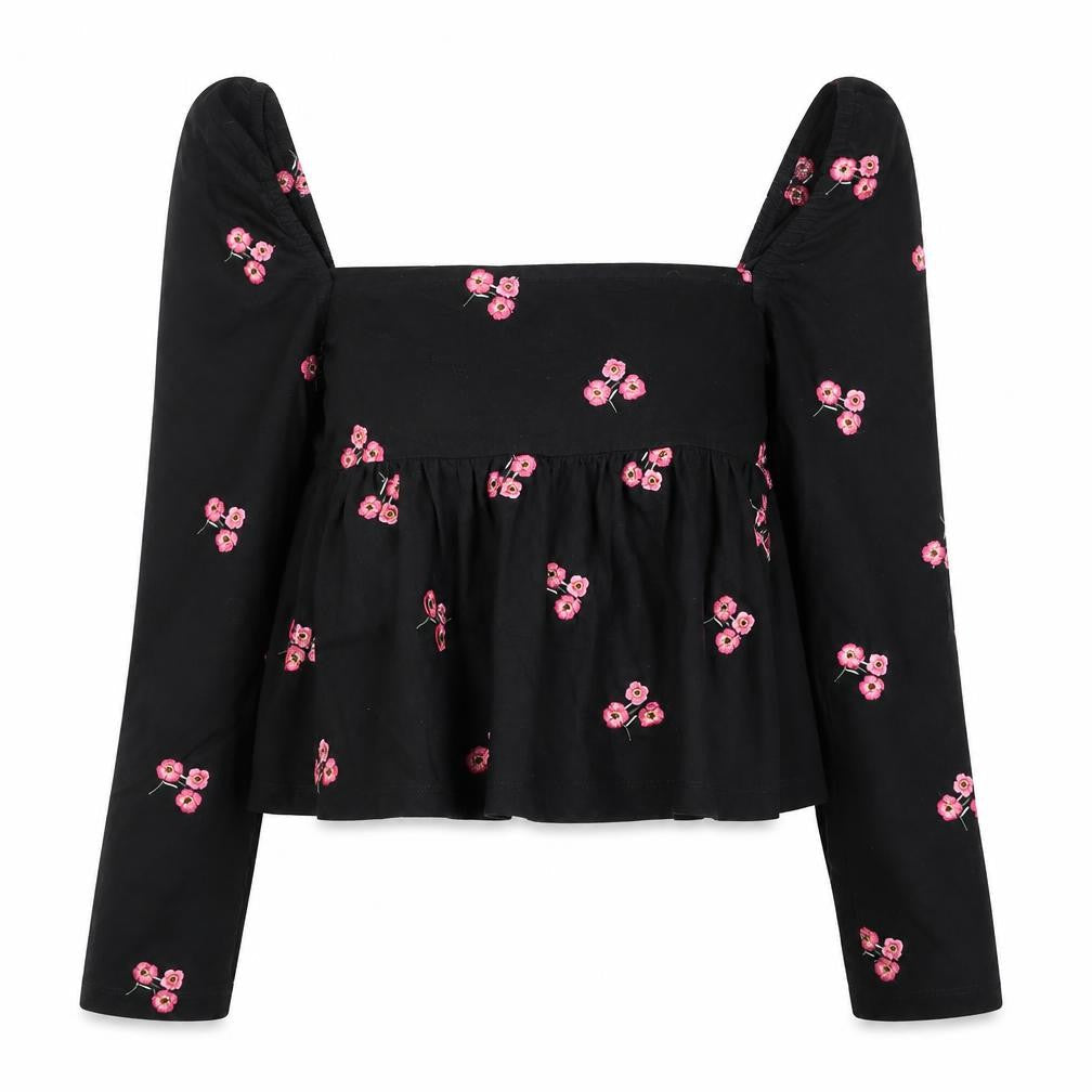 ASOS Women’s Black Floral Embroidered Cotton Cropped Blouse Size 10