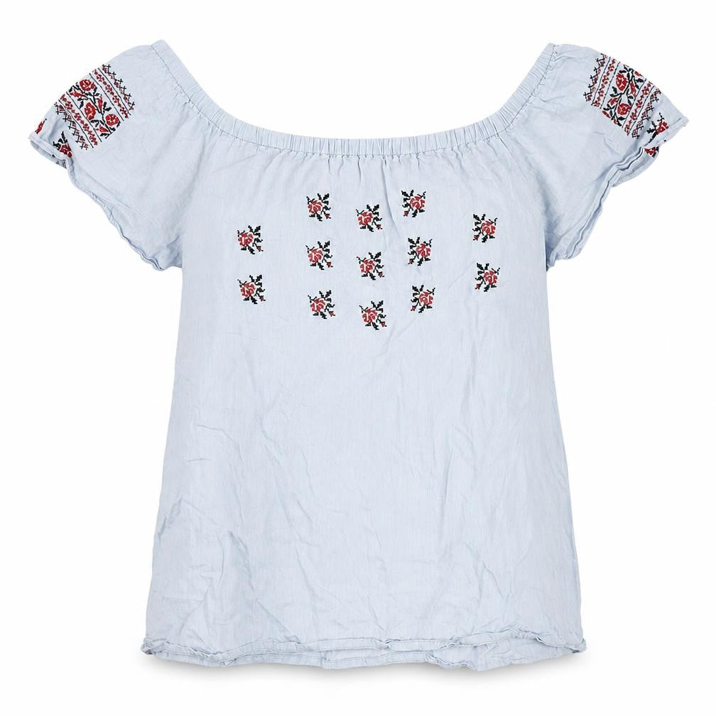Boohoo Women Blue Embroidered Off Shoulder Blouse UK 16