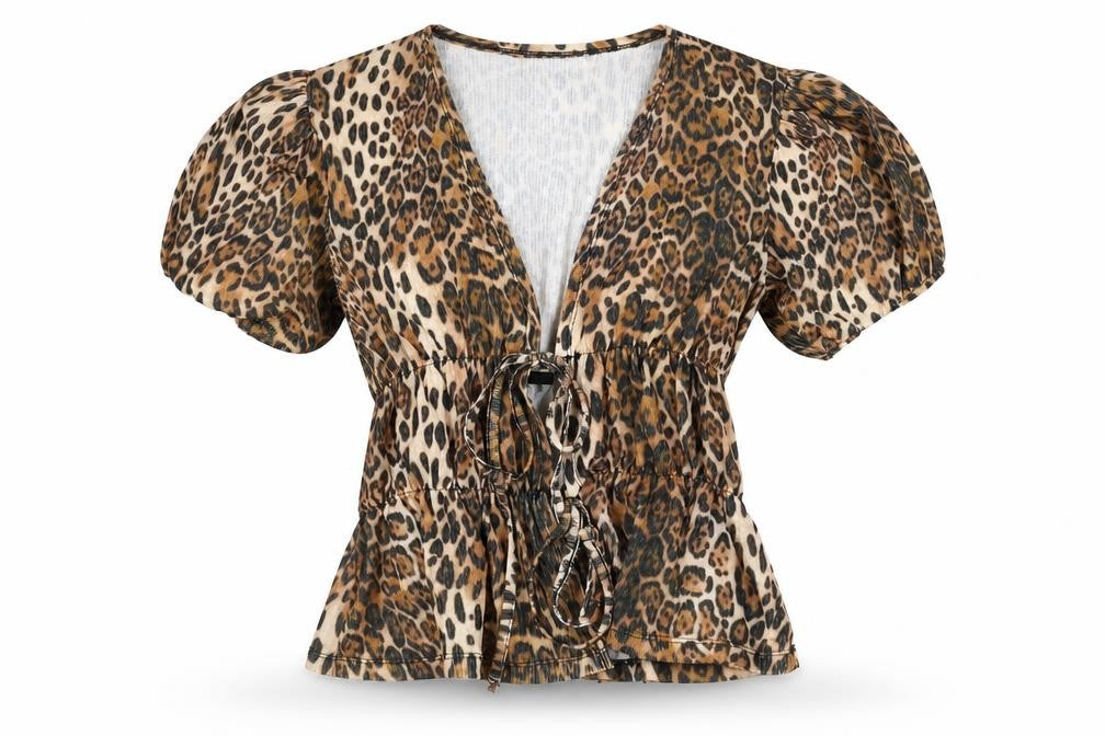 Front view of ASOS Design Women’s Leopard Print Wrap Blouse Puff Sleeve, size UK 8