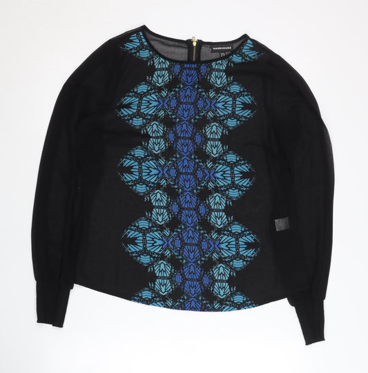 Warehouse Women’s Black Geometric Long Sleeve Chiffon Blouse UK 12