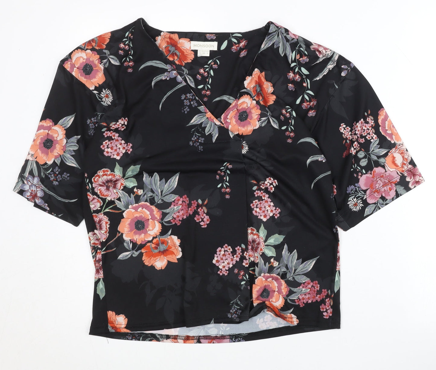 Monsoon Women Black Floral Wrap Blouse Size 10 Short Sleeve V-Neck