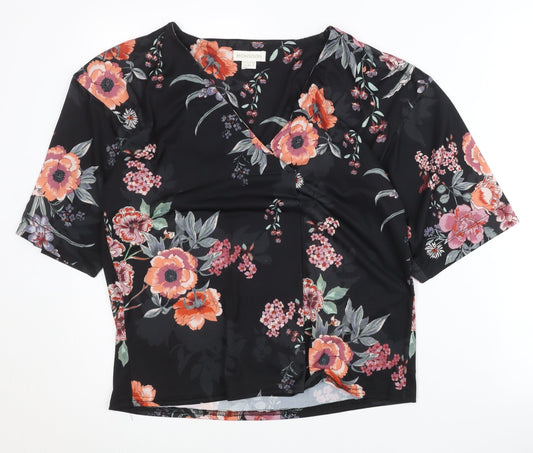 Monsoon Women Black Floral Wrap Blouse Size 10 Short Sleeve V-Neck