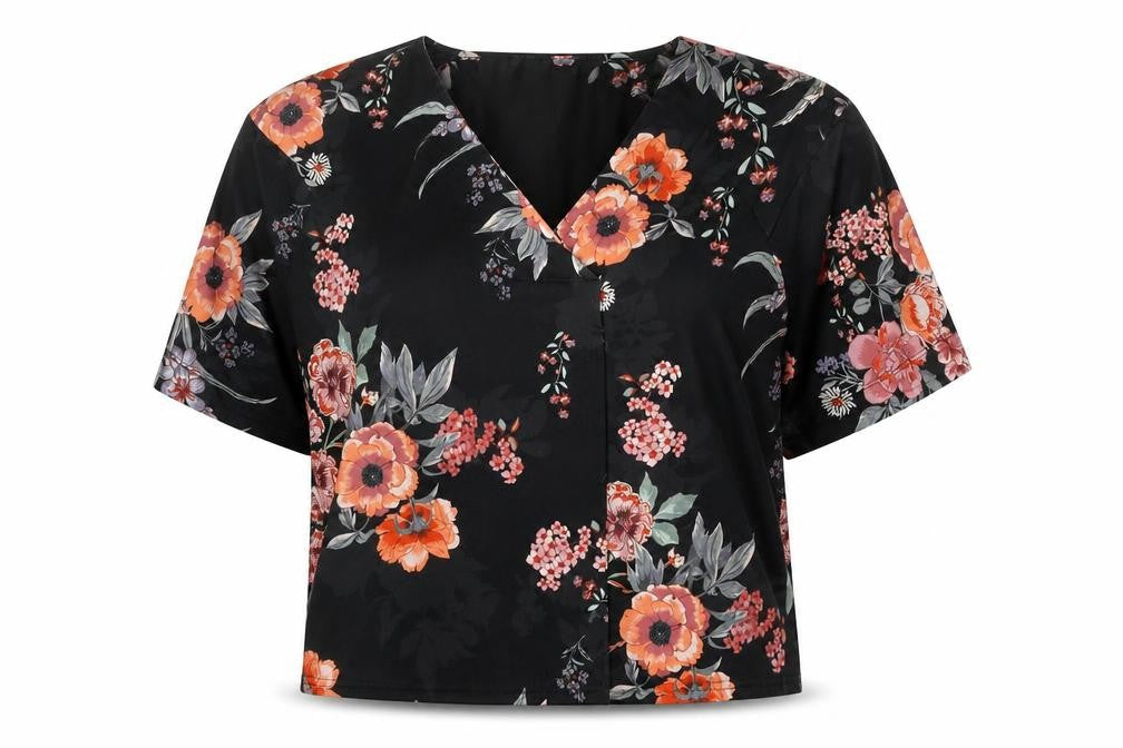 Monsoon Women Black Floral Wrap Blouse Size 10 Short Sleeve V-Neck