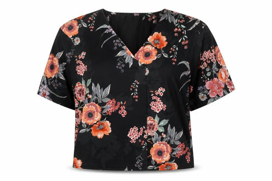 Monsoon Women Black Floral Wrap Blouse Size 10 Short Sleeve V-Neck