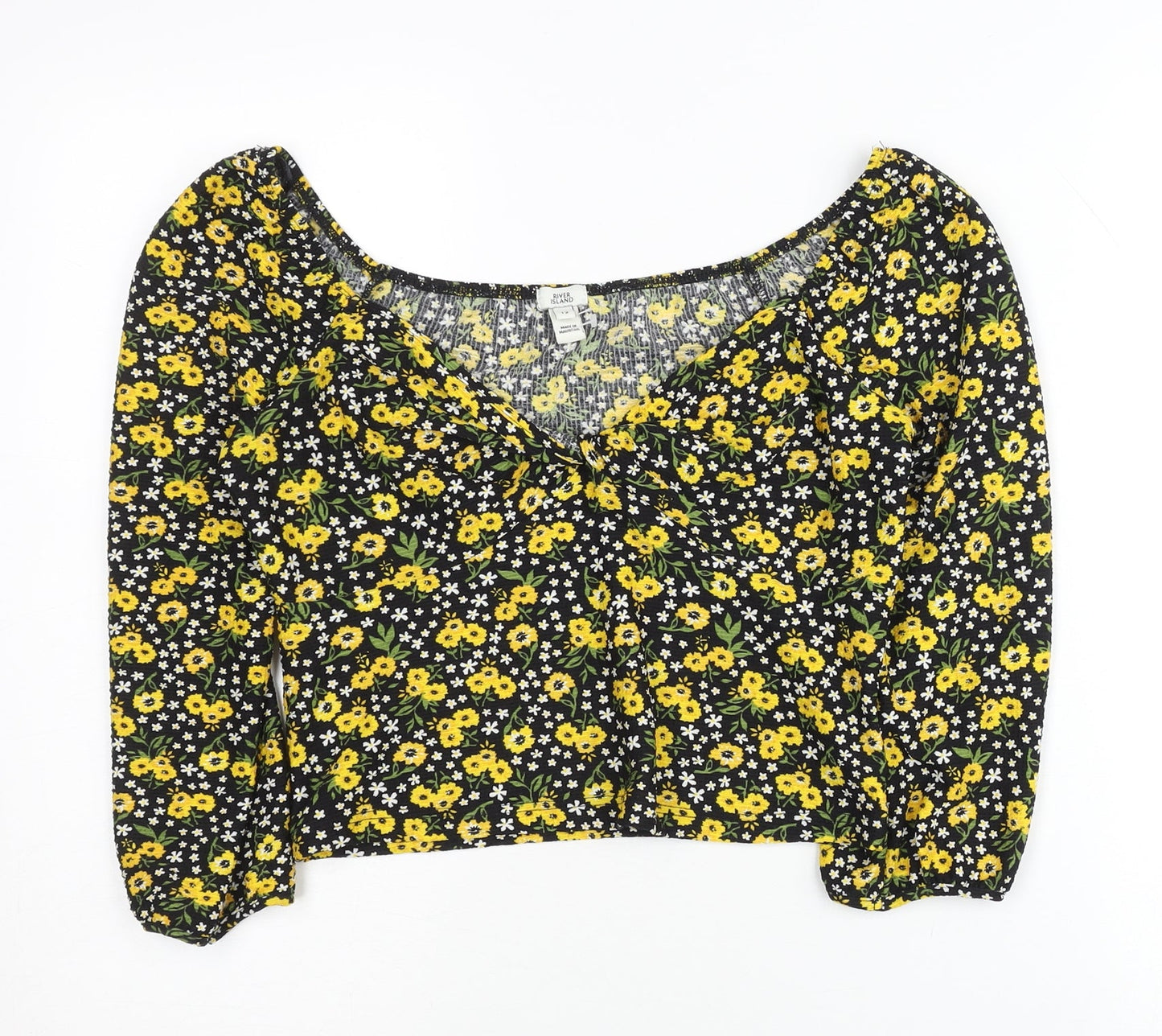 River Island Womens Floral Blouse Size 12 Black Yellow Long Sleeve Cropped