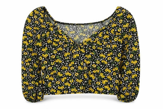 River Island Womens Floral Blouse Size 12 Black Yellow Long Sleeve Cropped