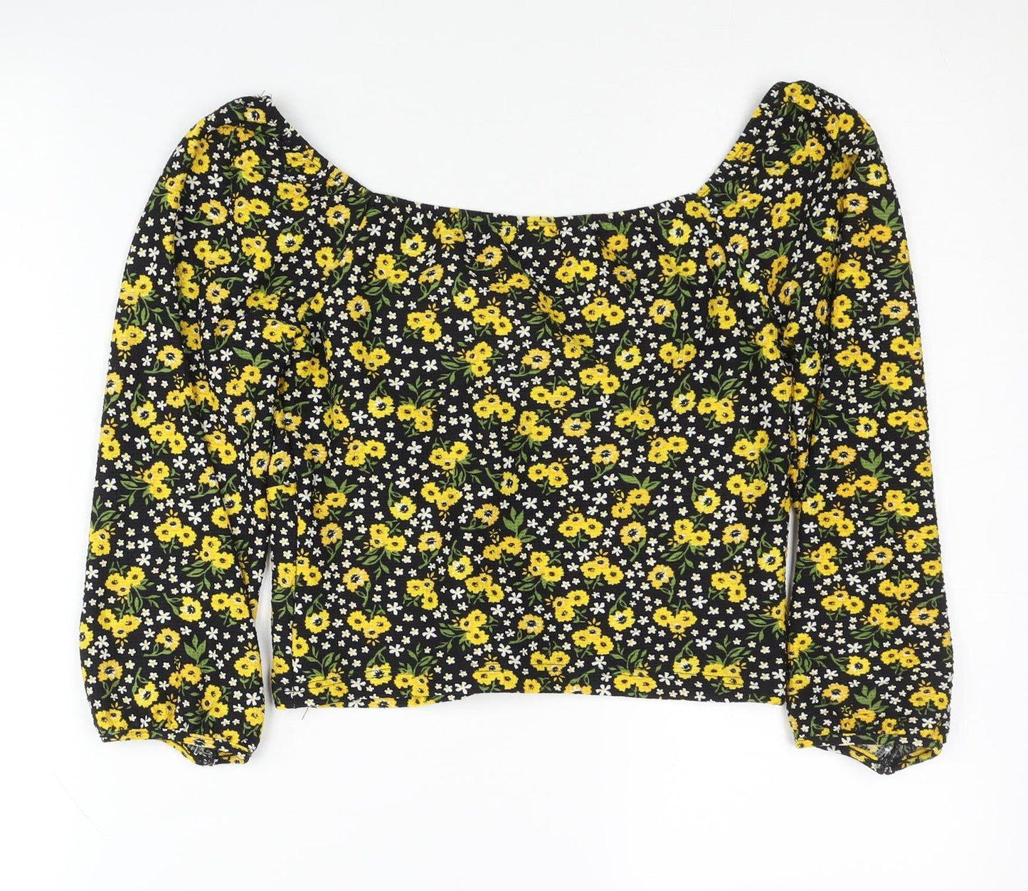 River Island Womens Floral Blouse Size 12 Black Yellow Long Sleeve Cropped