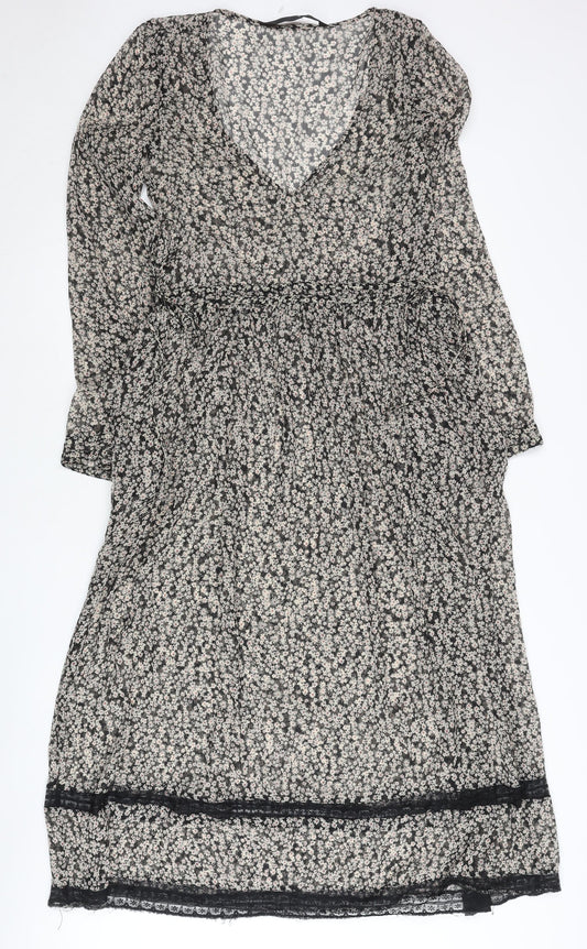 Zara Women Black Floral Shift Dress XS V-Neck Long Sleeve Boho Chiffon
