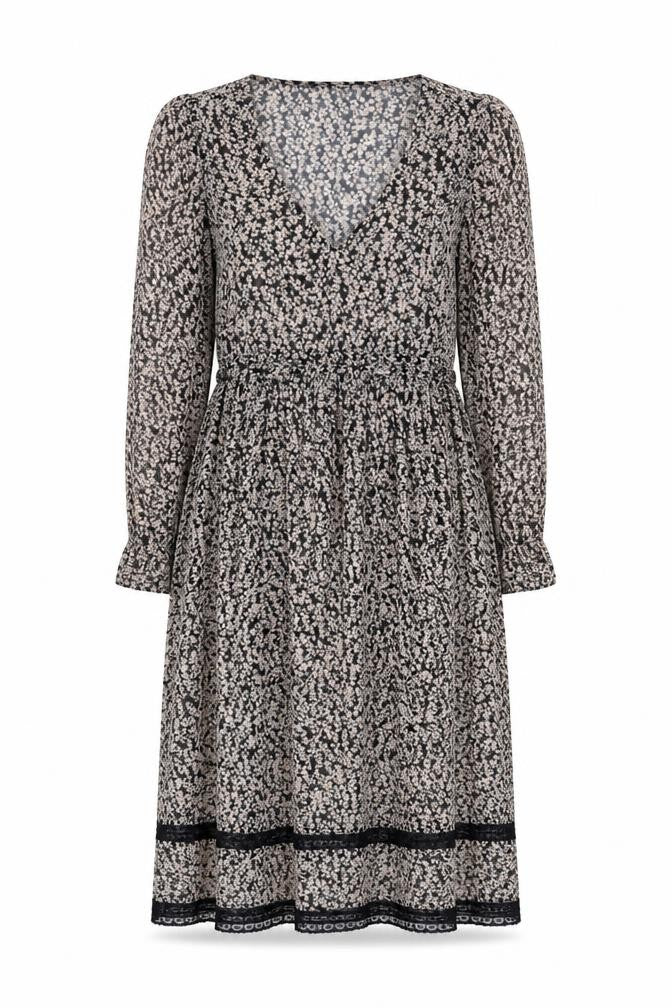 Zara Women Black Floral Shift Dress XS V-Neck Long Sleeve Boho Chiffon