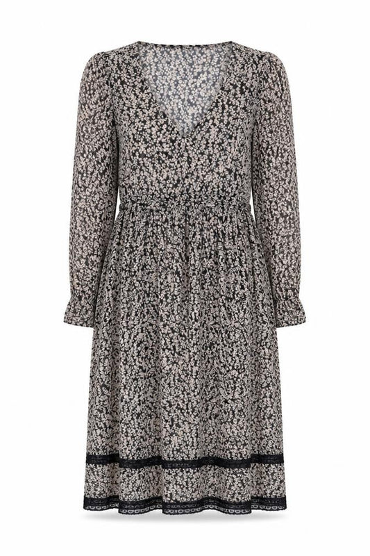 Zara Women Black Floral Shift Dress XS V-Neck Long Sleeve Boho Chiffon