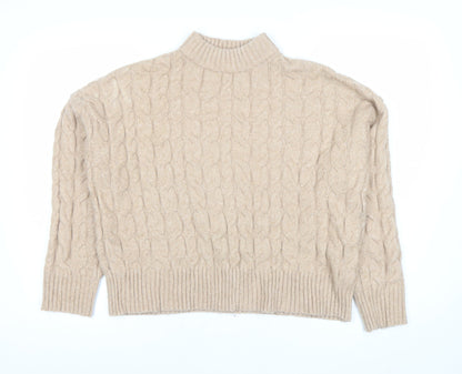 RESERVED Womens Beige Cable Knit Mock Neck Pullover Jumper Size M