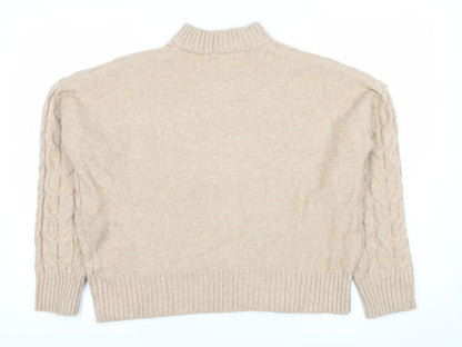 RESERVED Womens Beige Cable Knit Mock Neck Pullover Jumper Size M