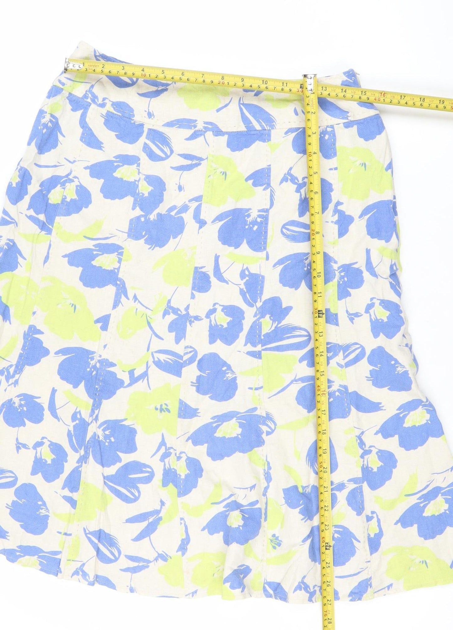 EWM Women’s Multicoloured Floral Linen Viscose A-Line Midi Skirt Size 14