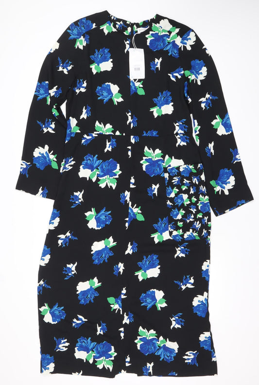 Warehouse Women’s Black Blue Floral Sheath Dress Size 14 Long Sleeve
