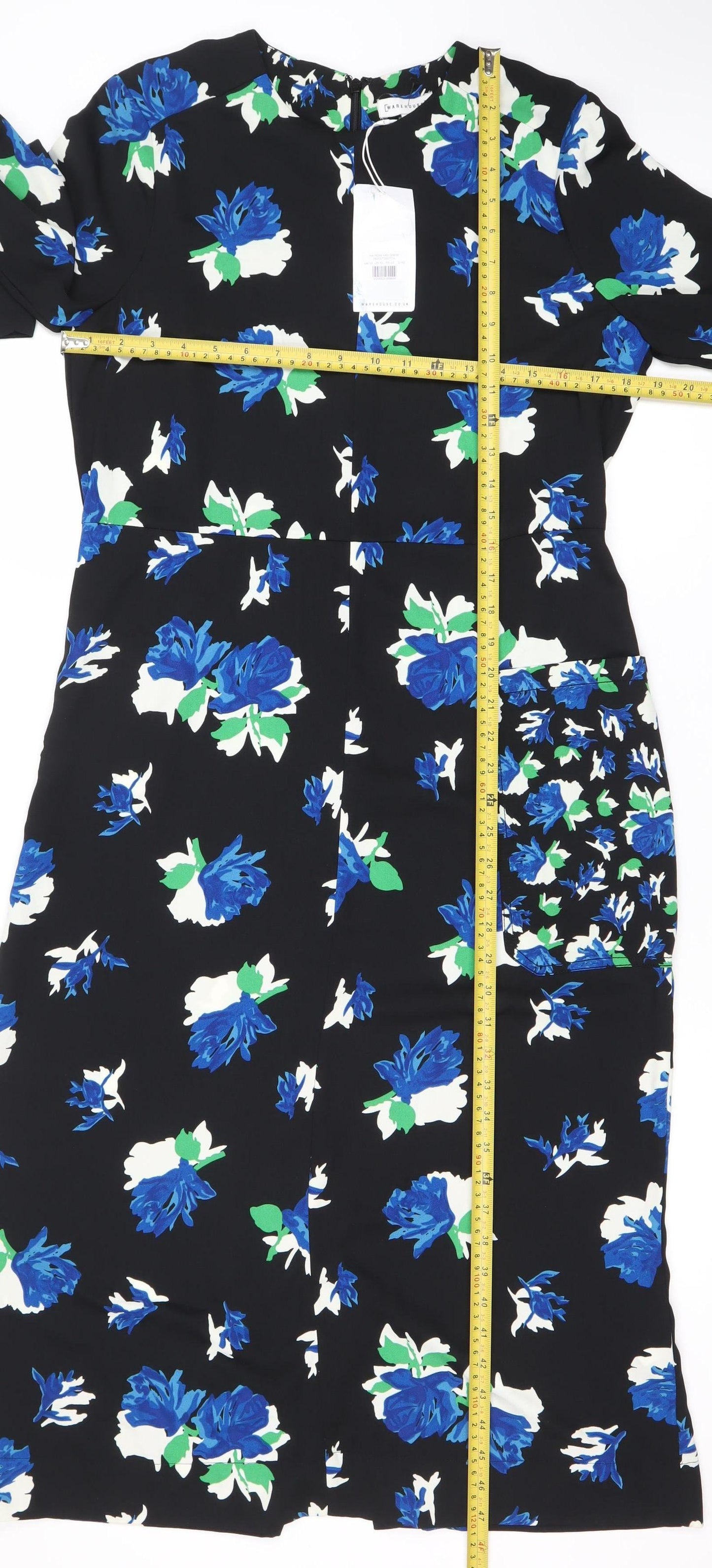 Warehouse Women’s Black Blue Floral Sheath Dress Size 14 Long Sleeve
