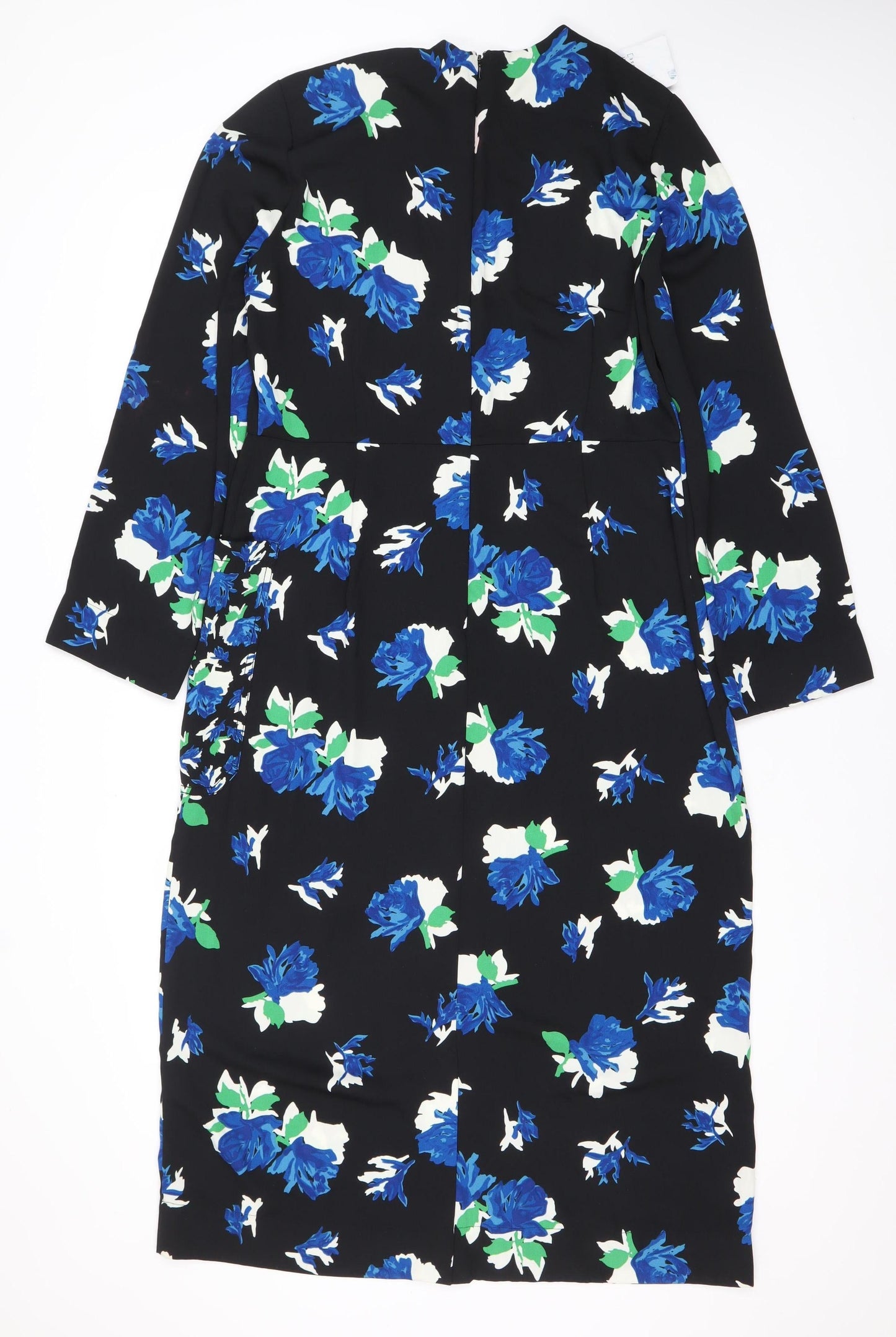 Warehouse Women’s Black Blue Floral Sheath Dress Size 14 Long Sleeve