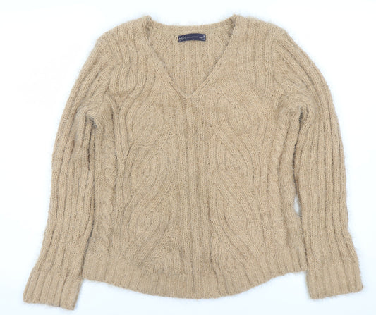 Marks and Spencer Women’s Beige V-Neck Cable Knit Jumper M