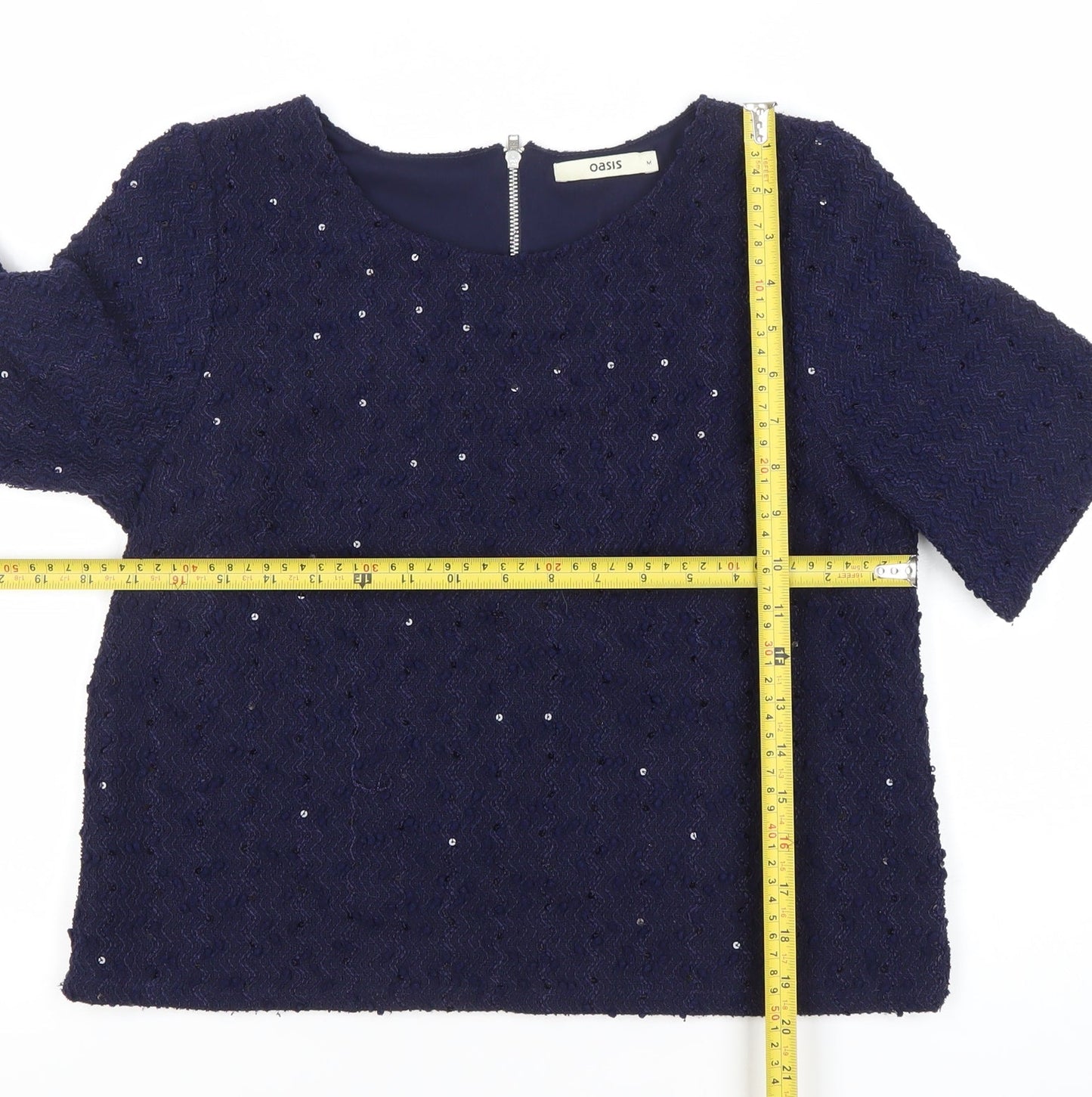 Oasis Women’s Blue Sequin Short Sleeve Blouse Size 12