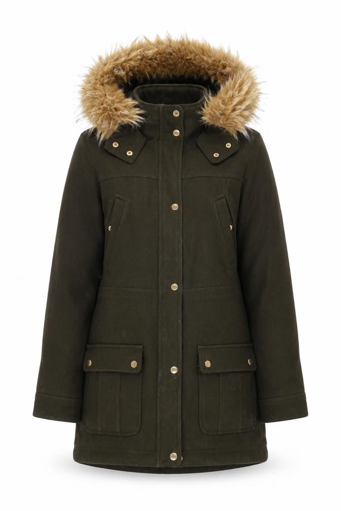 Express Women's Green Parka Coat Faux Fur Hood Size S Wool Blend