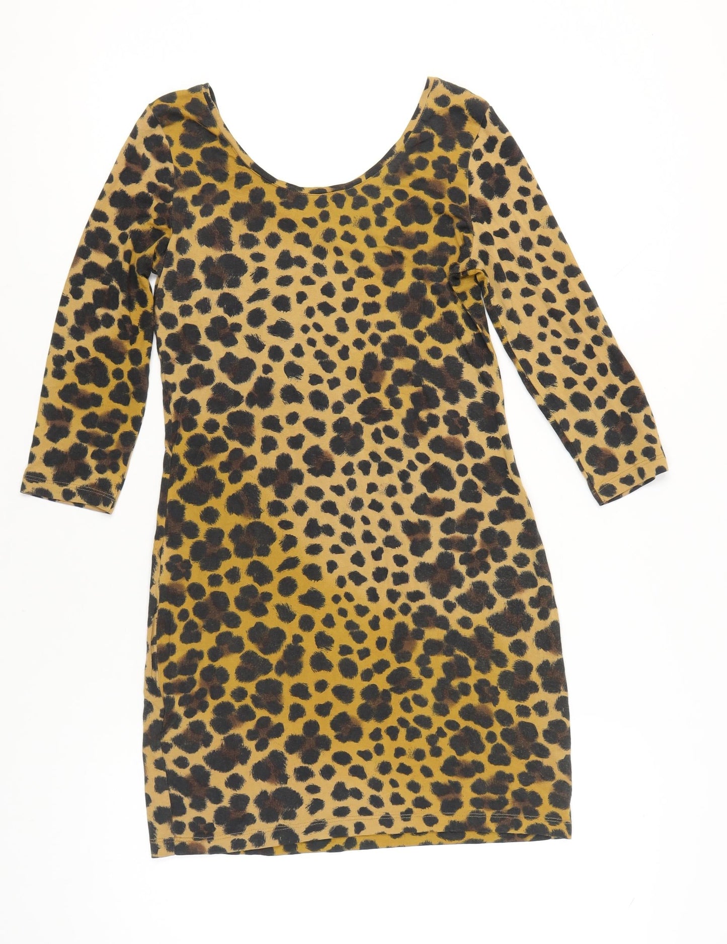 H&M Women Brown Leopard Print Bodycon Dress Size 14 3/4 Sleeve Scoop Neck