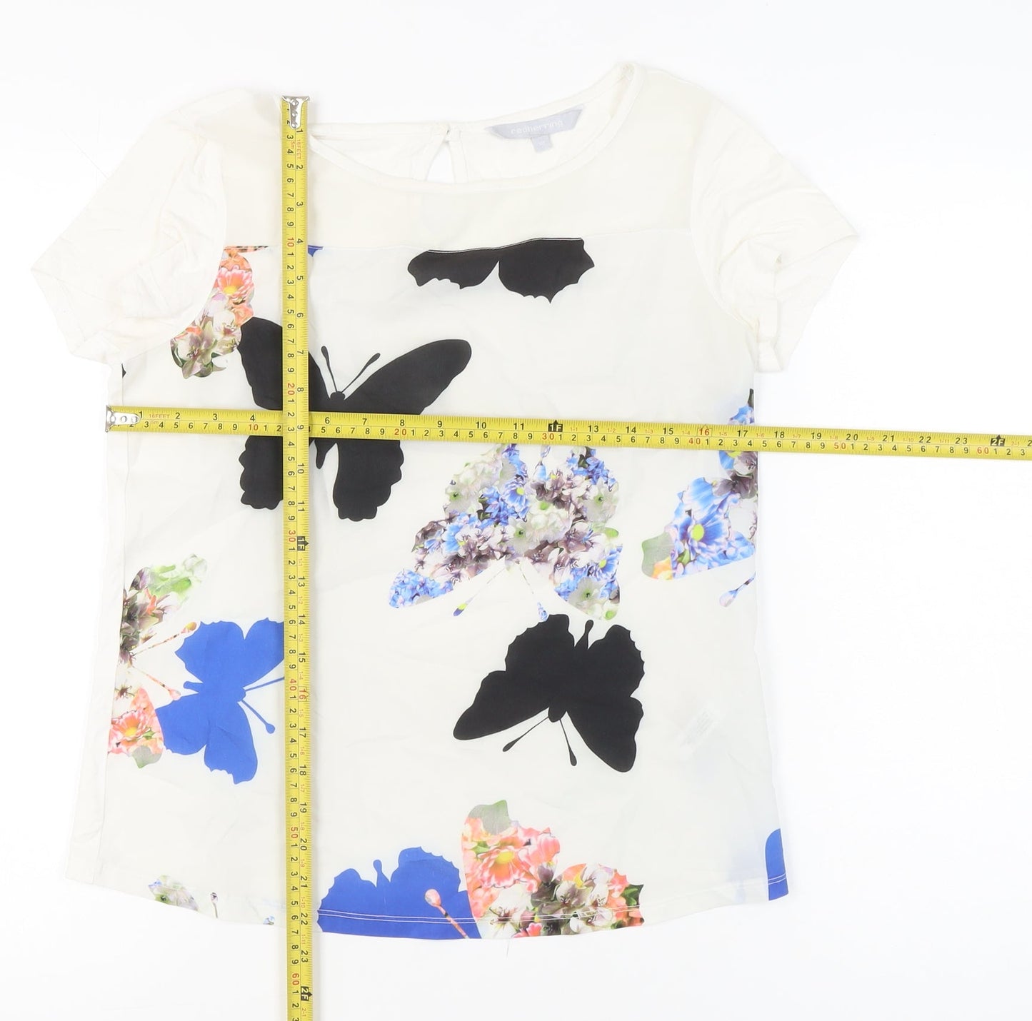 Red Herring Women’s White Butterfly Floral Blouse UK 10 Short Sleeve