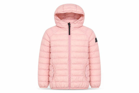 Front view of TOG24 girls’ pink puffer jacket 12 years hooded quilted down coat