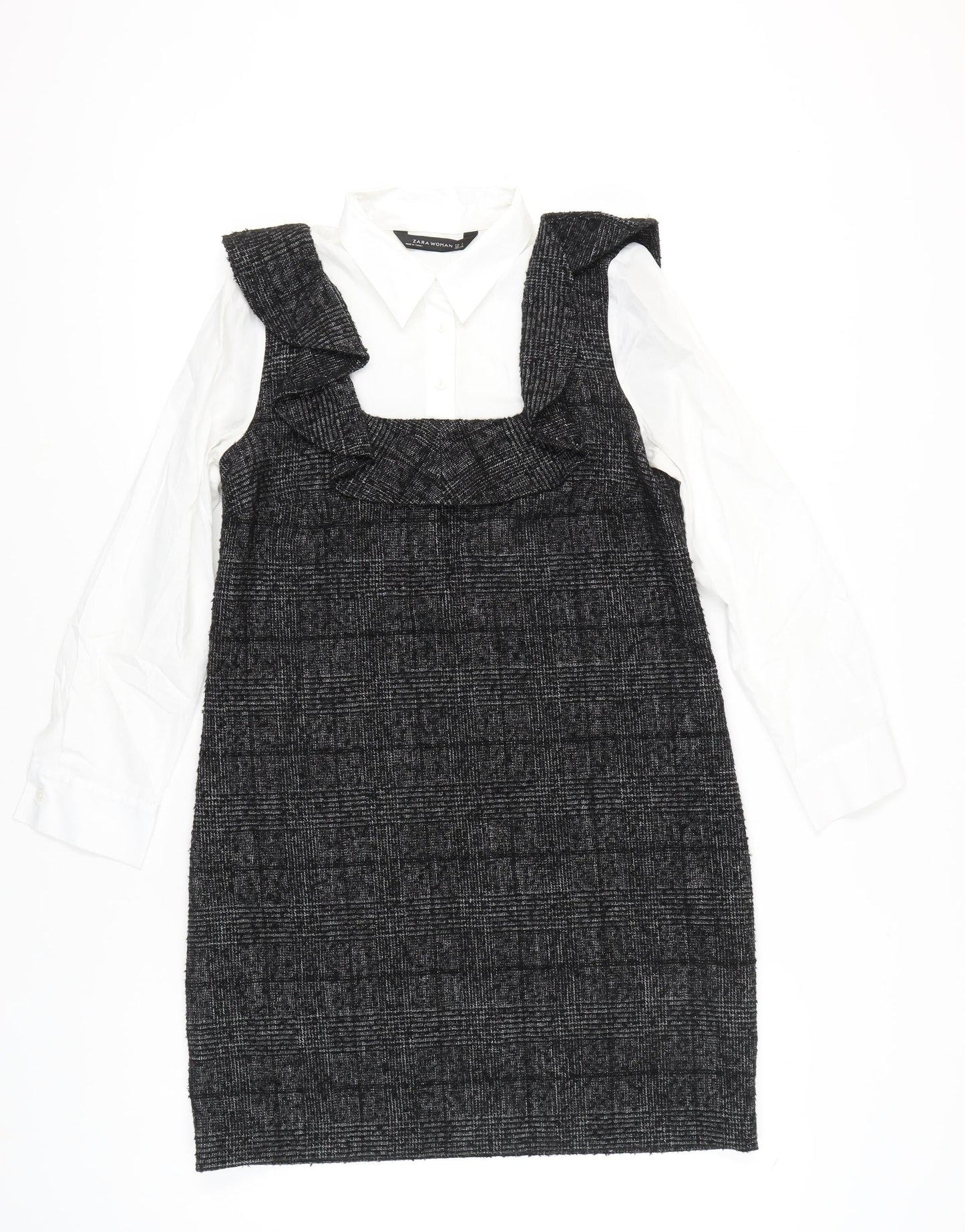 Zara Women Black Check Ruffle Pinafore Dress Size 8 Workwear