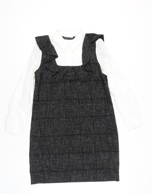 Zara Women Black Check Ruffle Pinafore Dress Size 8 Workwear