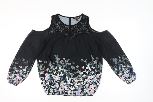 Lipsy Womens Black Floral Cold Shoulder Tunic Blouse UK 12