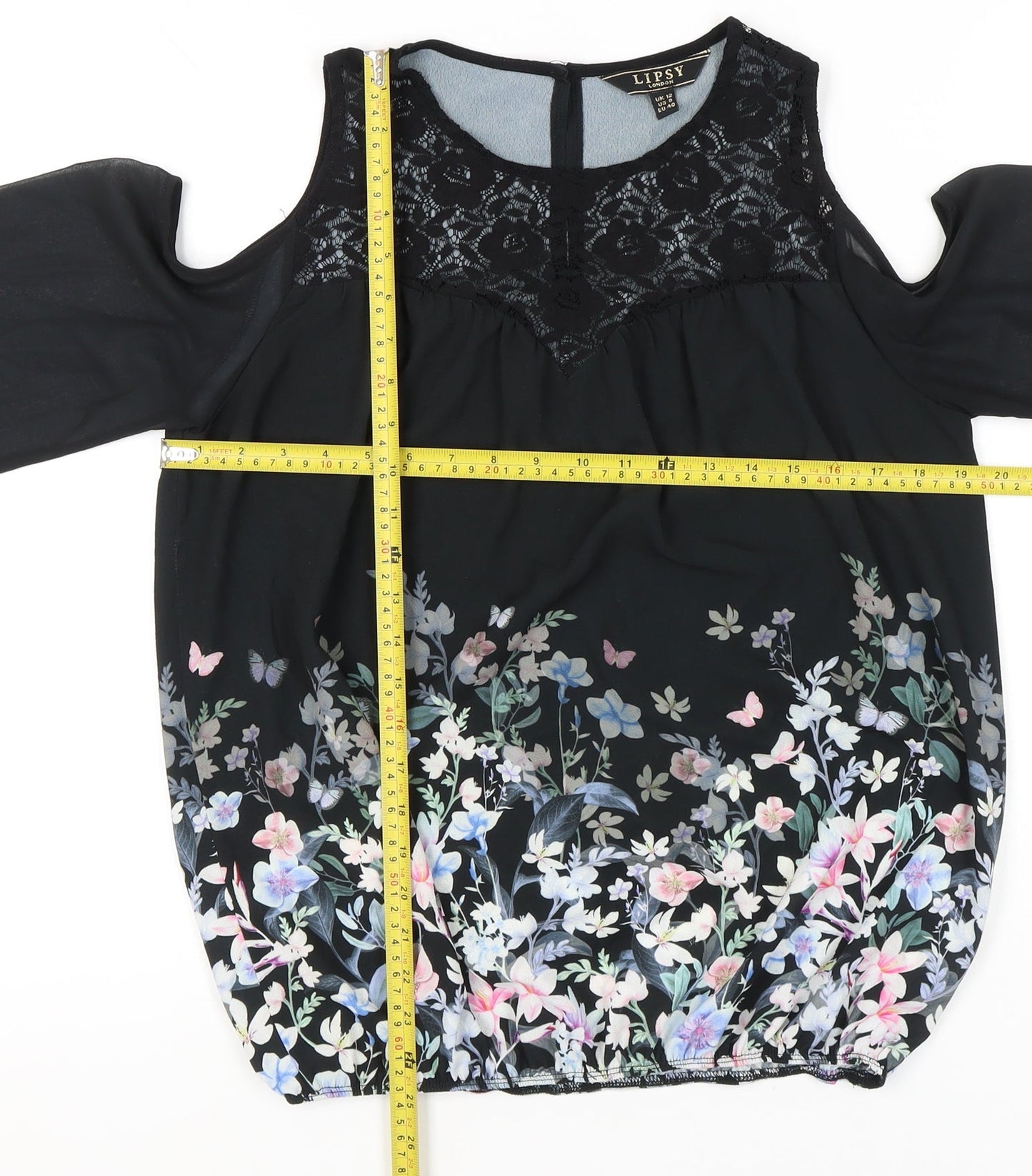 Lipsy Womens Black Floral Cold Shoulder Tunic Blouse UK 12