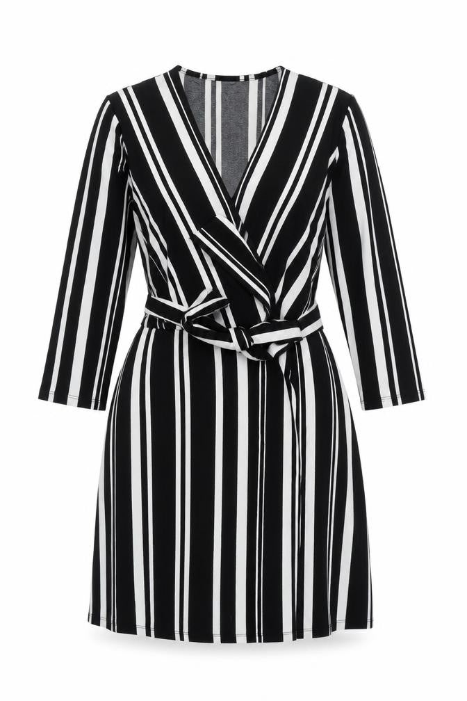 H&M Women’s Black White Striped Wrap Dress Size 8 Knee Length