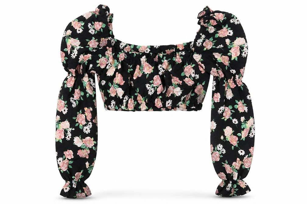 H&M Women’s Black Floral Cropped Puff Sleeve Blouse Size S