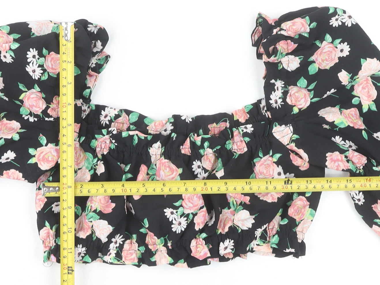 H&M Women’s Black Floral Cropped Puff Sleeve Blouse Size S