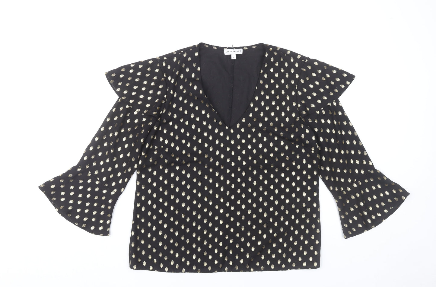 Warehouse Women Black Polka Dot V-Neck Tunic Blouse UK 10