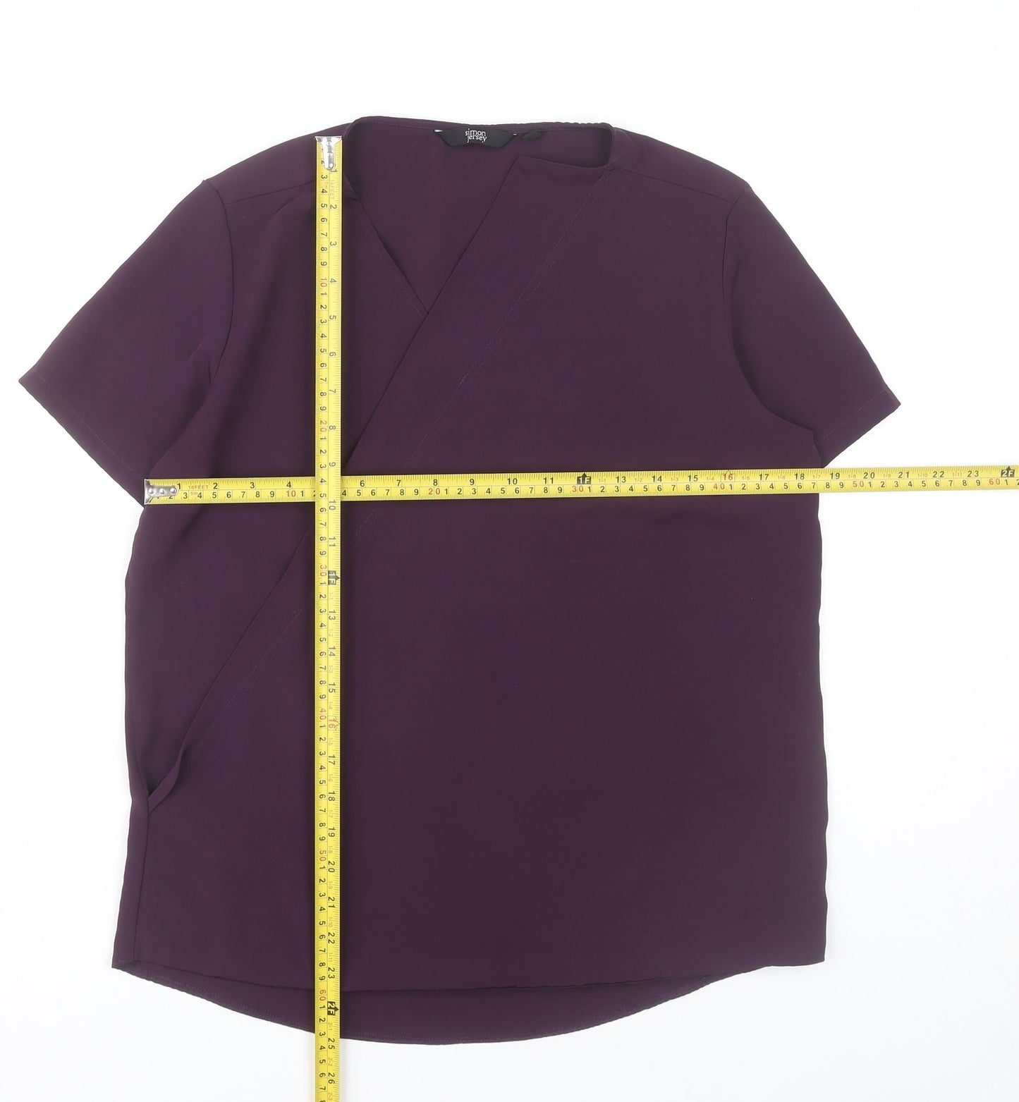 Simon Jersey Womens Purple Wrap Blouse Size 12 Short Sleeve Work Top