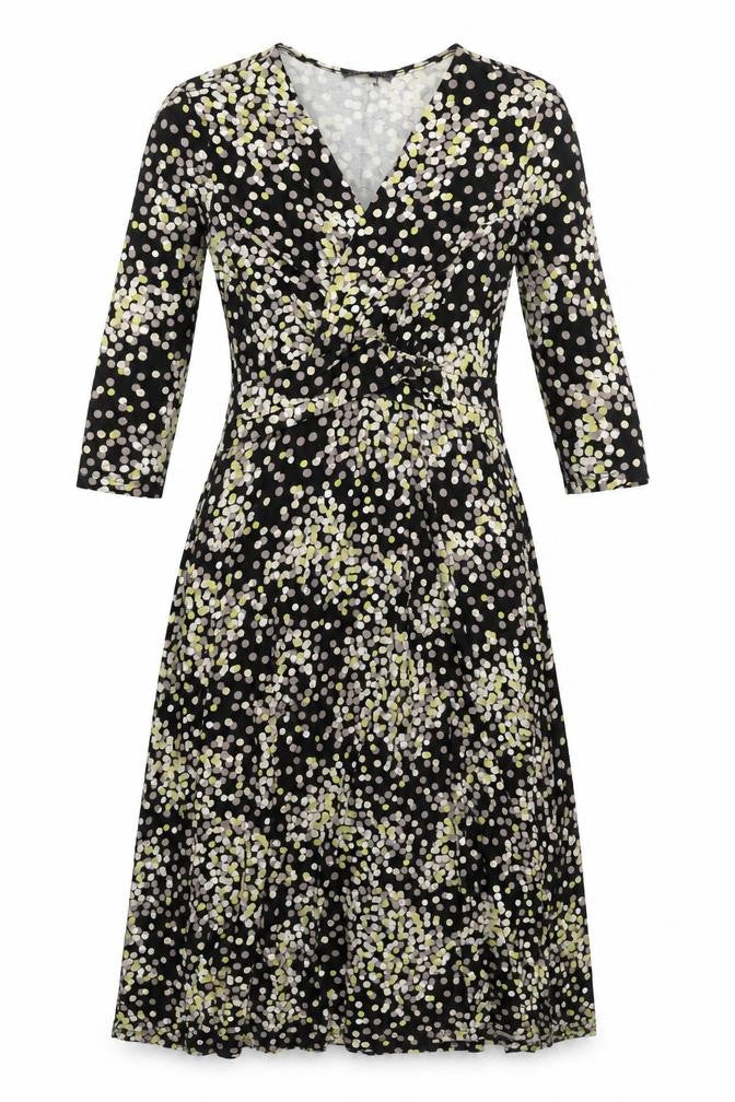 Front view of Alex & Co. Women’s Black Polka Dot Midi Wrap Dress, size UK 10