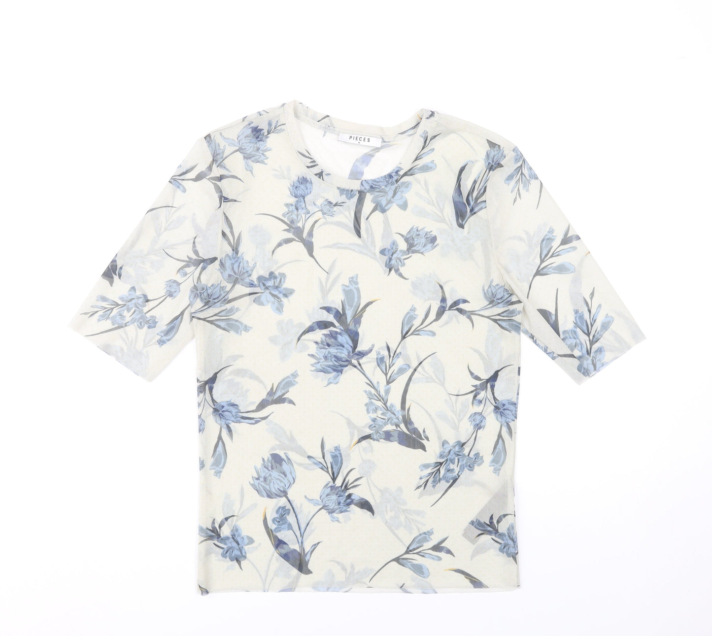 Pieces Women Ivory Floral Mesh T-Shirt Size M Short Sleeve