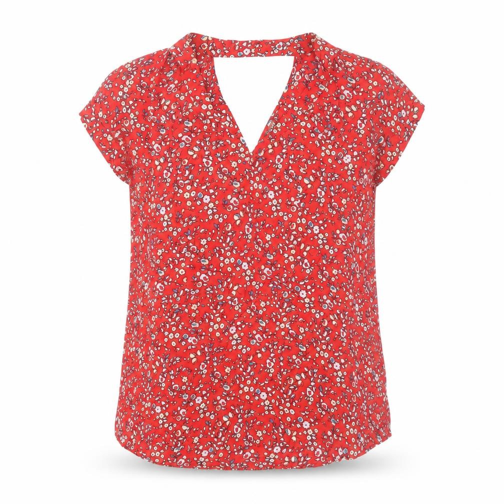 Warehouse Women’s Red Floral Viscose Blouse UK 12 Short Sleeve V-Neck