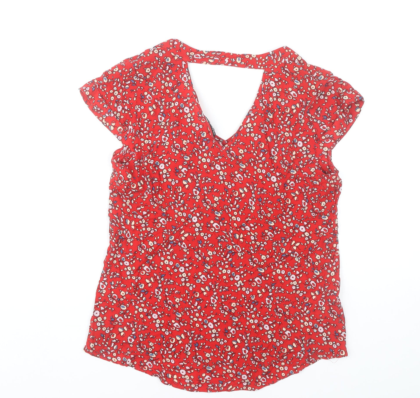 Warehouse Women’s Red Floral Viscose Blouse UK 12 Short Sleeve V-Neck