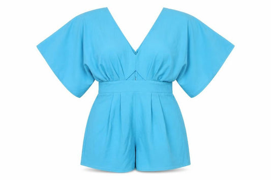 Front view of ASOS Women’s Blue, size UK 12, V-Neck Kimono Sleeve Playsuit