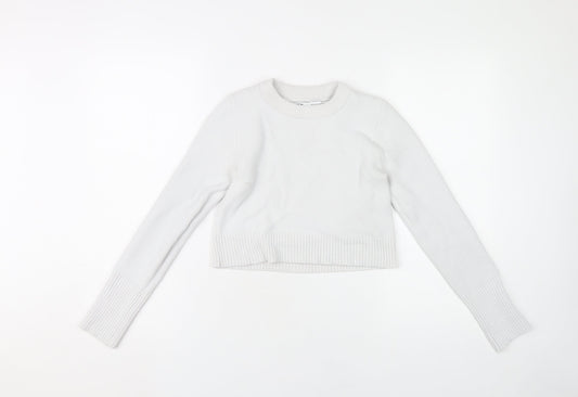 Zara Women White S Pullover Knit Jumper Crew Neck Long Sleeve