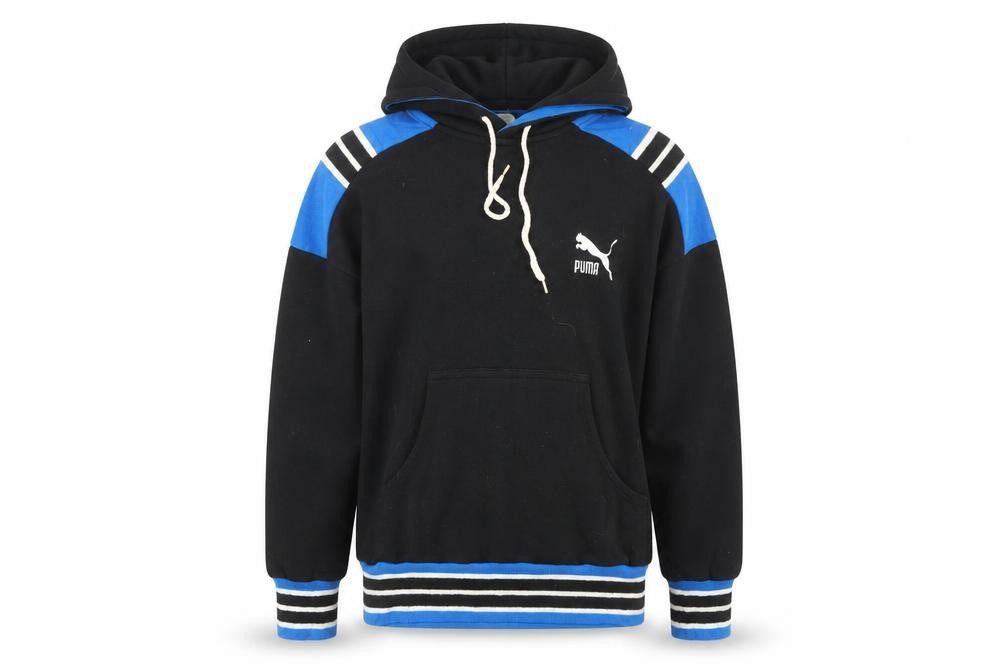 Puma Unisex Black Pullover Hoodie S Retro Striped Sportswear