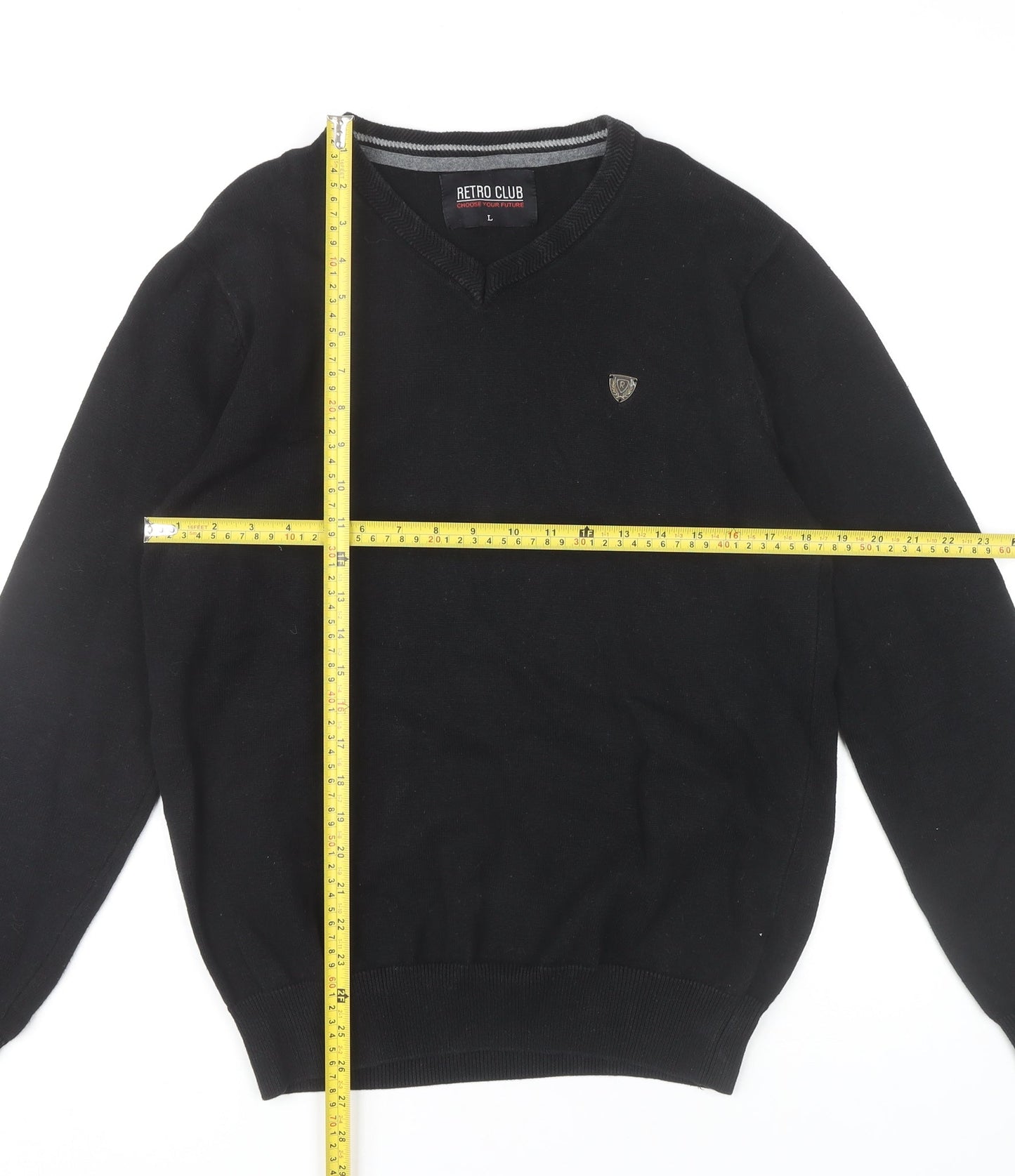 Retro Club Mens Black V-Neck Pullover Jumper L Cotton Blend