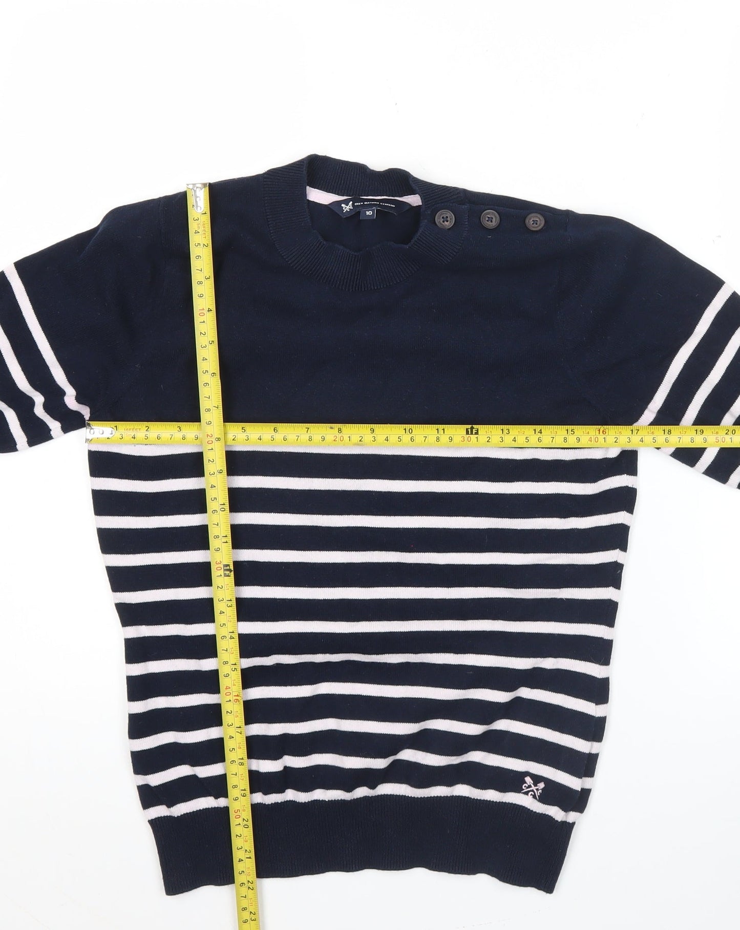 Crew Clothing Women Blue Striped Cotton Jumper Size 10 Short Sleeve