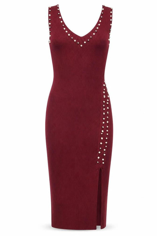 Voyelles Women's Red Bodycon Midi Dress Small Sleeveless Beaded Partywear