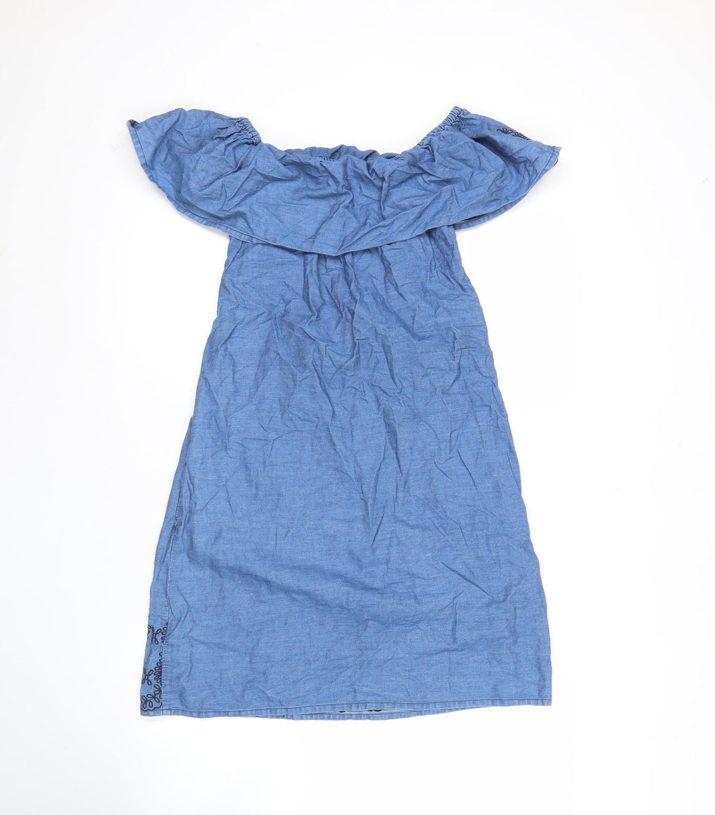 Women’s Blue Cotton Off Shoulder Embroidered Dress Size 8